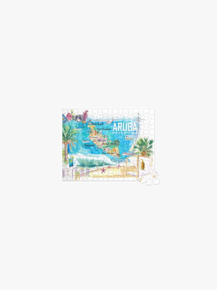 Thumbnail 1 of 2, Jigsaw Puzzle, Aruba Dutch Antilles Caribbean Island Illustrated Travel Map with Tourist Highlights designed and sold by artshop77.