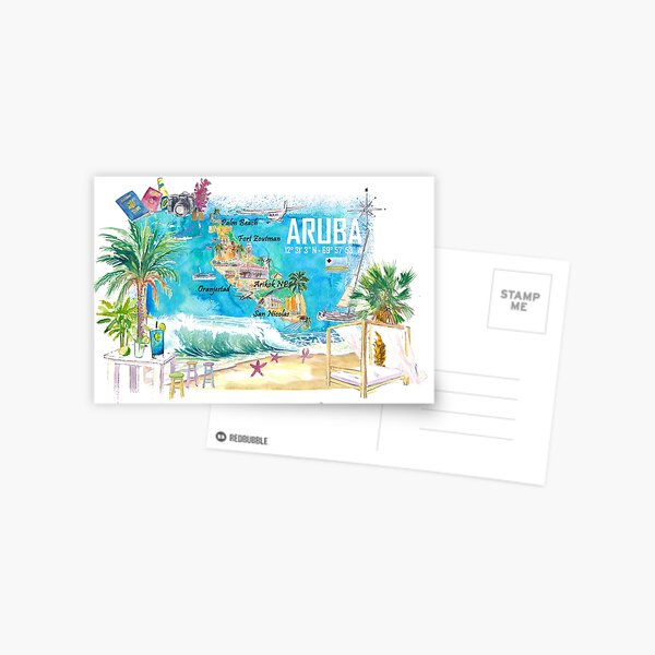Artikel-Vorschau von Aruba, Niederländische Antillen, Karibikinsel, illustrierte Reisekarte mit touristischen Highlights, designt und verkauft von artshop77.
