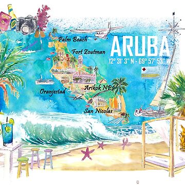Artwork thumbnail, Aruba Dutch Antilles Caribbean Island Illustrated Travel Map with Tourist Highlights by artshop77