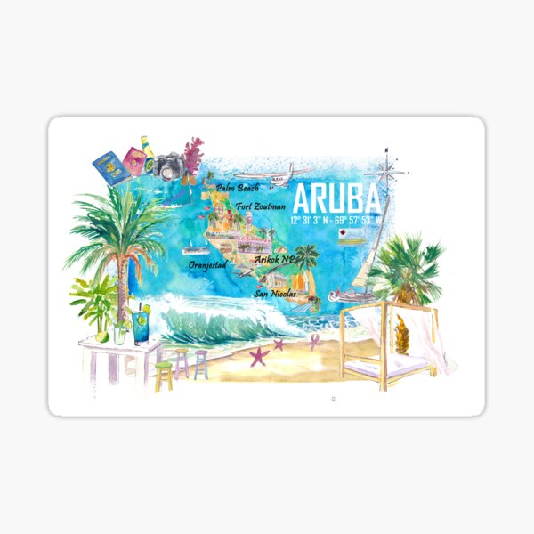 Aperçu de l'œuvre Carte touristique illustrée des îles des Caraïbes des Antilles néerlandaises d'Aruba avec les points forts touristiques créée et vendue par artshop77.