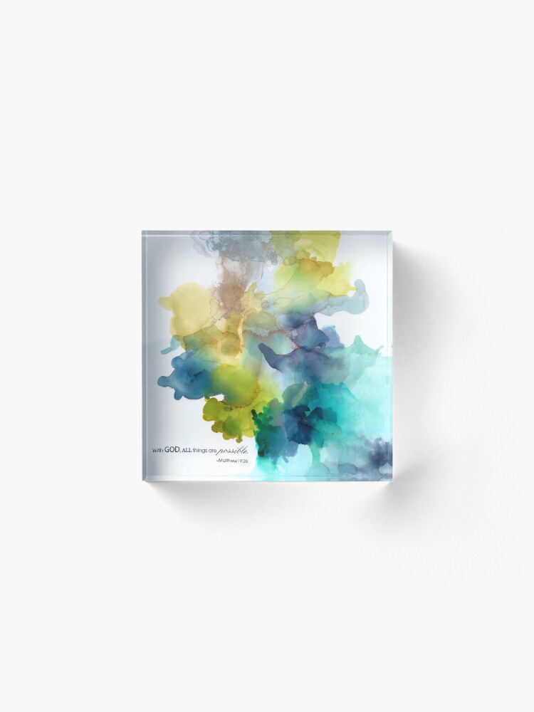 Alternate view of Mustard Green Teal Turquoise Gray Silver Christian Religious Art Acrylic Block