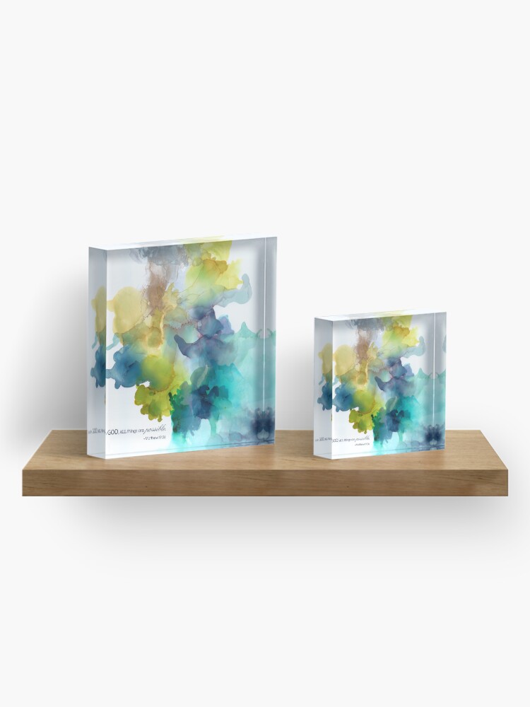 Alternate view of Mustard Green Teal Turquoise Gray Silver Christian Religious Art Acrylic Block