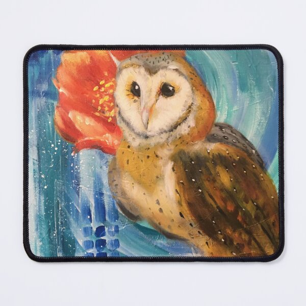 Item preview, Barn Owl with Orange Flower and Blue Background - Artwork by Jolene Edwards designed and sold by CurlyClaraBelle.