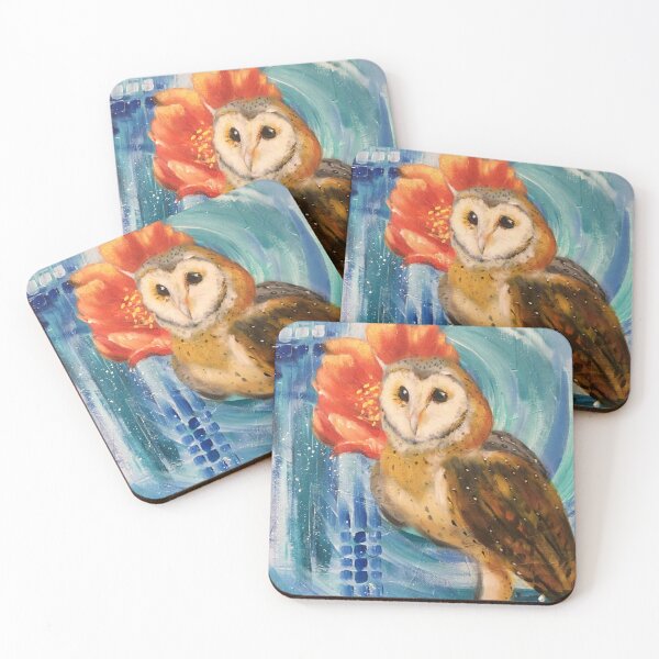 Item preview, Barn Owl with Orange Flower and Blue Background - Artwork by Jolene Edwards designed and sold by CurlyClaraBelle.