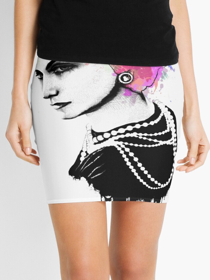 Coco Chanel Ink + Watercolor Portrait Art Mini Skirt for Sale by