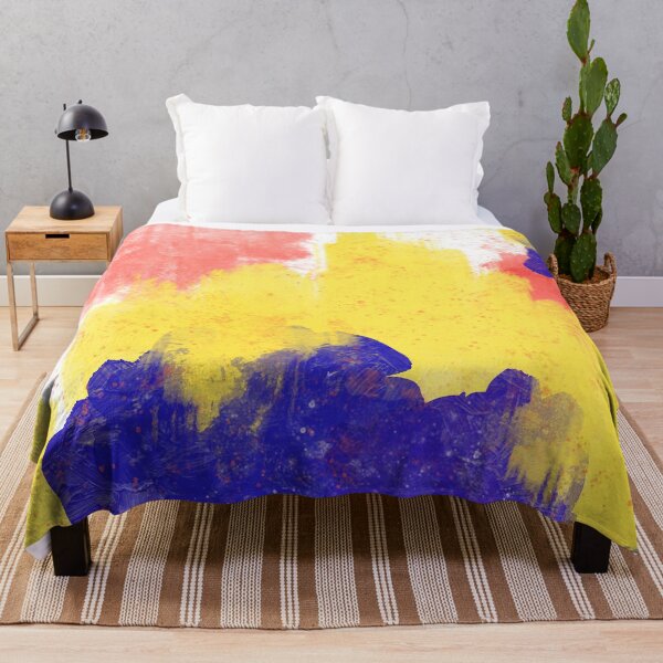 Item preview, Cobalt Blue, Coral, and Bright Yellow Abstract Ikat Painting designed and sold by Brushedinbold.