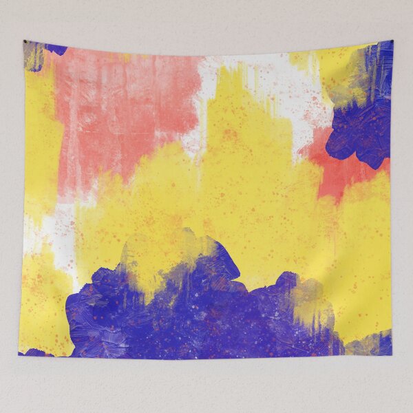 Item preview, Cobalt Blue, Coral, and Bright Yellow Abstract Ikat Painting designed and sold by Brushedinbold.