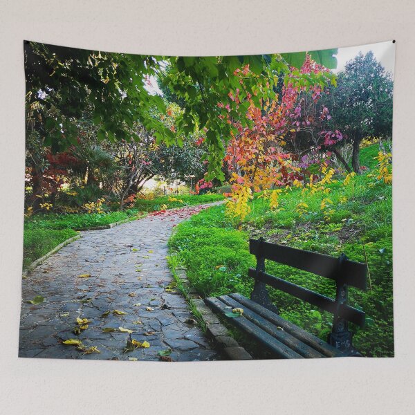 Item preview, Old Chair and Road near green trees and yellow  red flowers in the secret garden  designed and sold by anisbbmbrush.