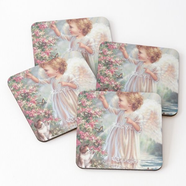Item preview, Copy of Young Girl Angel Kitten Butterfly Cat Flower Pink designed and sold by Rowena Jones.