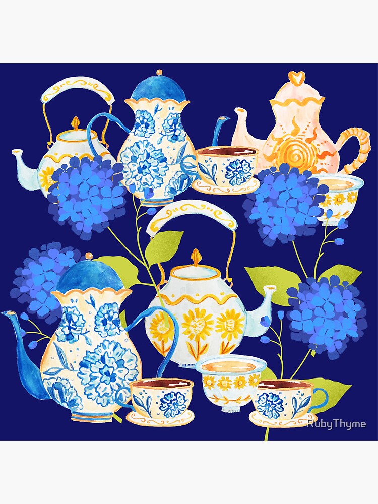 "Blue Hydrangea Teapots" Sticker by RubyThyme Redbubble