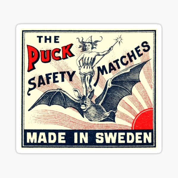 Vista previa del artículo con la obra «Antique Puck Riding Bat Swedish Matchbox Label», diseñado y vendido por retrographics.