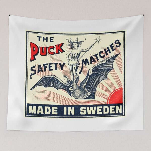 Item preview, Antique Puck Riding Bat Swedish Matchbox Label designed and sold by retrographics.
