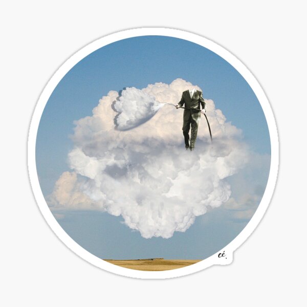 Collage surréaliste : "un ciel bleu, un champ de blé, un nuage, un fabricant de nuage" Sticker