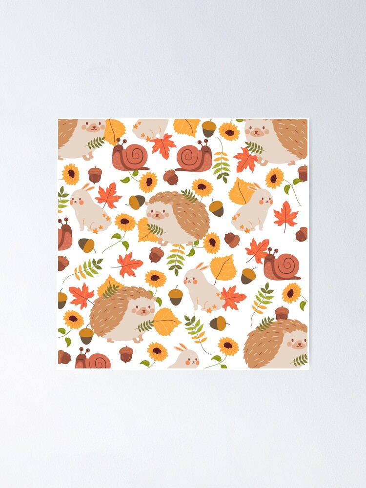 Thumbnail 1 of 3, Poster, Hedgehog, Snail, Rabbit Autumn Pattern (fall version) designed and sold by SaintDorina.