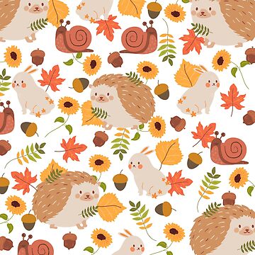 Artwork thumbnail, Hedgehog, Snail, Rabbit Autumn Pattern (fall version) by Dorina Larsdotter
