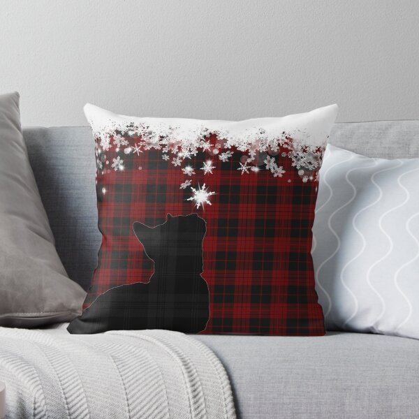 Red and Black Tartan Cat with Snowflakes Throw Pillow