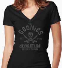 The Goonies - Never Say Die - Grey on Black Women's Fitted V-Neck T-Shirt