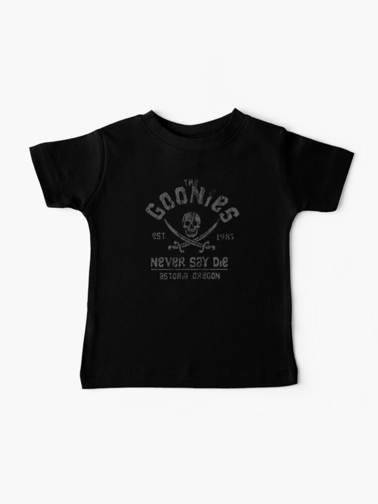 Thumbnail 1 of 2, Baby T-Shirt, The Goonies - Never Say Die - Grey on Black designed and sold by UnconArt.