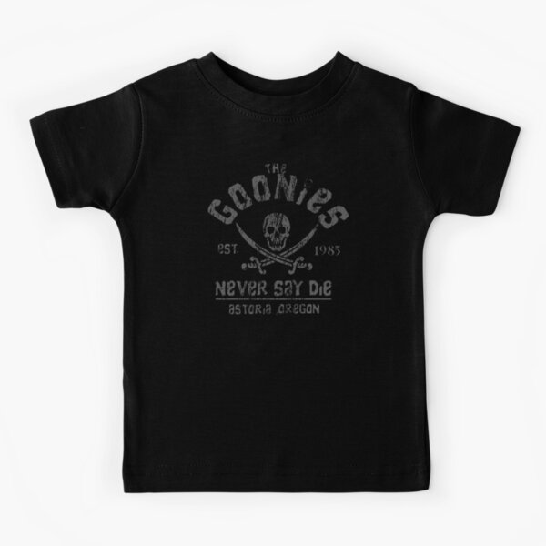 The Goonies - Never Say Die - Grey on Black Kids T-Shirt