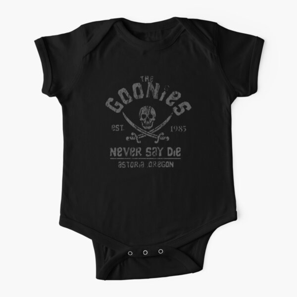 The Goonies - Never Say Die - Grey on Black Short Sleeve Baby One-Piece