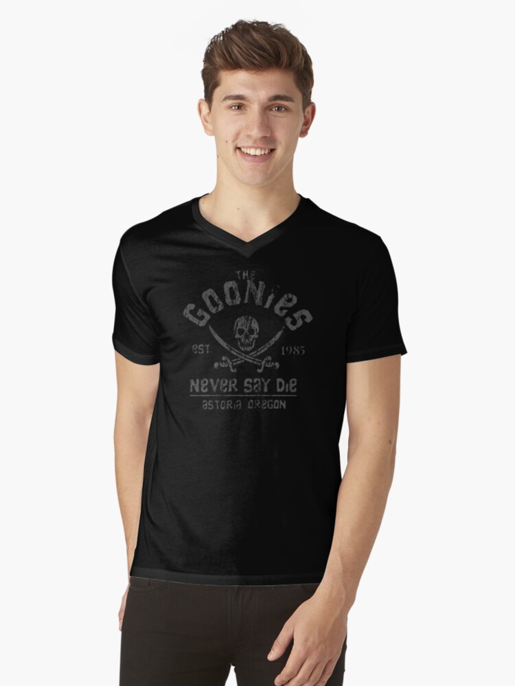 Thumbnail 1 of 3, V-Neck T-Shirt, The Goonies - Never Say Die - Grey on Black designed and sold by UnconArt.