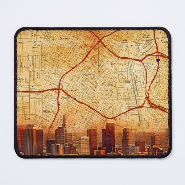 Item preview, Map of Downtown Los Angeles and skyline blended on old paper designed and sold by NickoPrints.