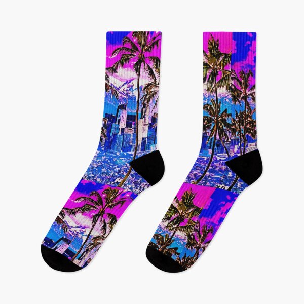 Item preview, Palm trees in front of Los Angeles skyline at sunset - digital painting designed and sold by NickoPrints.