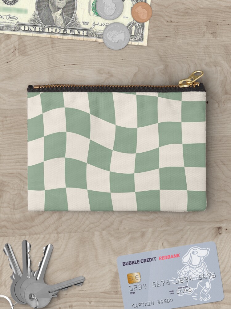Disover Sage Green Warped Checkered Pattern Checkerboard Makeup Bag
