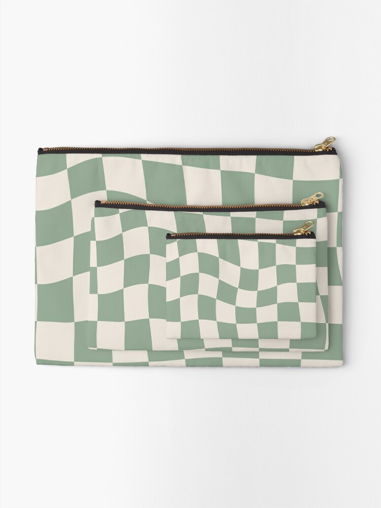 Disover Sage Green Warped Checkered Pattern Checkerboard Makeup Bag