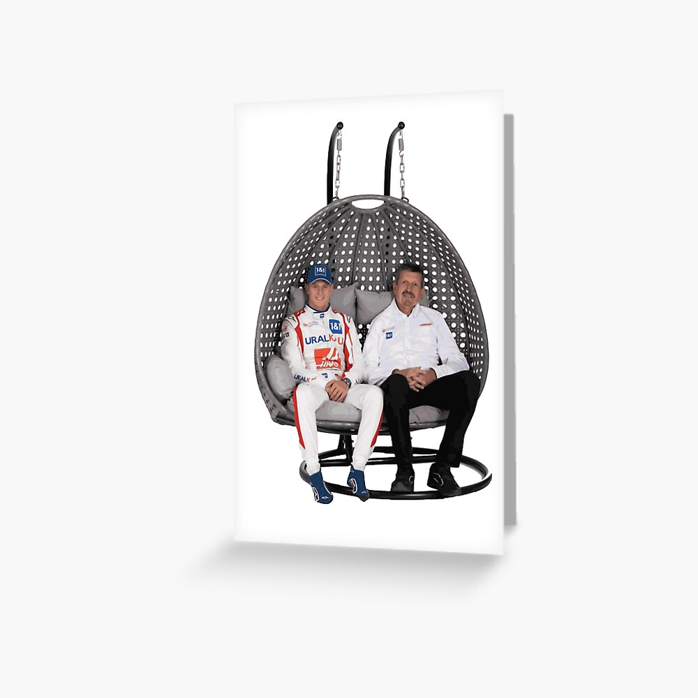"Guenther Steiner Mick Schumacher Aldi Brochure Chair" Greeting Card by