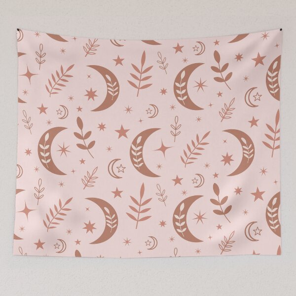 Item preview, Beautiful earthy boho moon pattern in brown  with leaves and stars  designed and sold by Yasminepatterns .