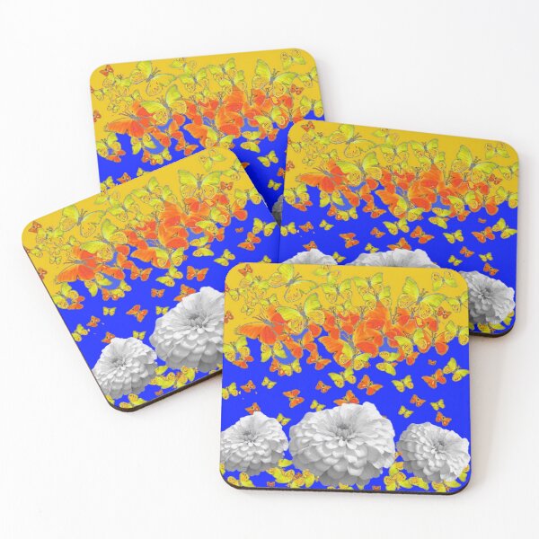 Item preview, WHITE ZINNIAS YELLOW-ORANGE BUTTERFLIES ABSTRACT  designed and sold by sharlesart.