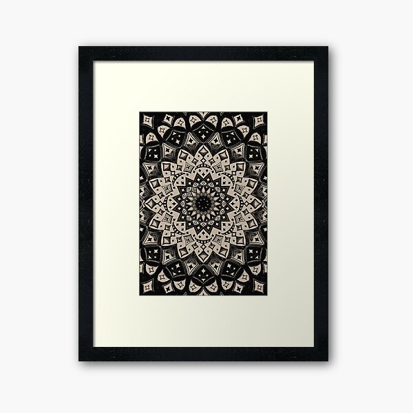 Dark Starburst and Diamonds Spirograph, Monochromatic Mandala Sketch 032122 by Kristi Duggins Framed Art Print