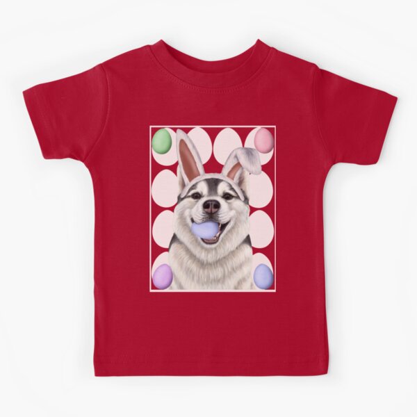 Husky dog with bunny ears and Easter eggs