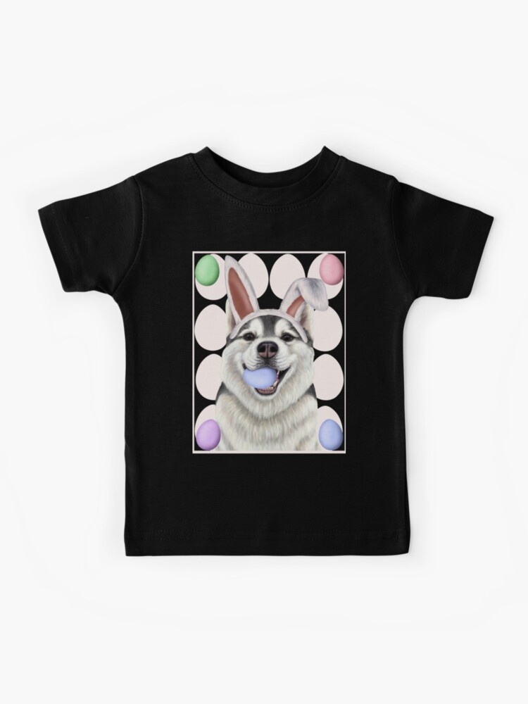 Husky dog with bunny ears and Easter eggs