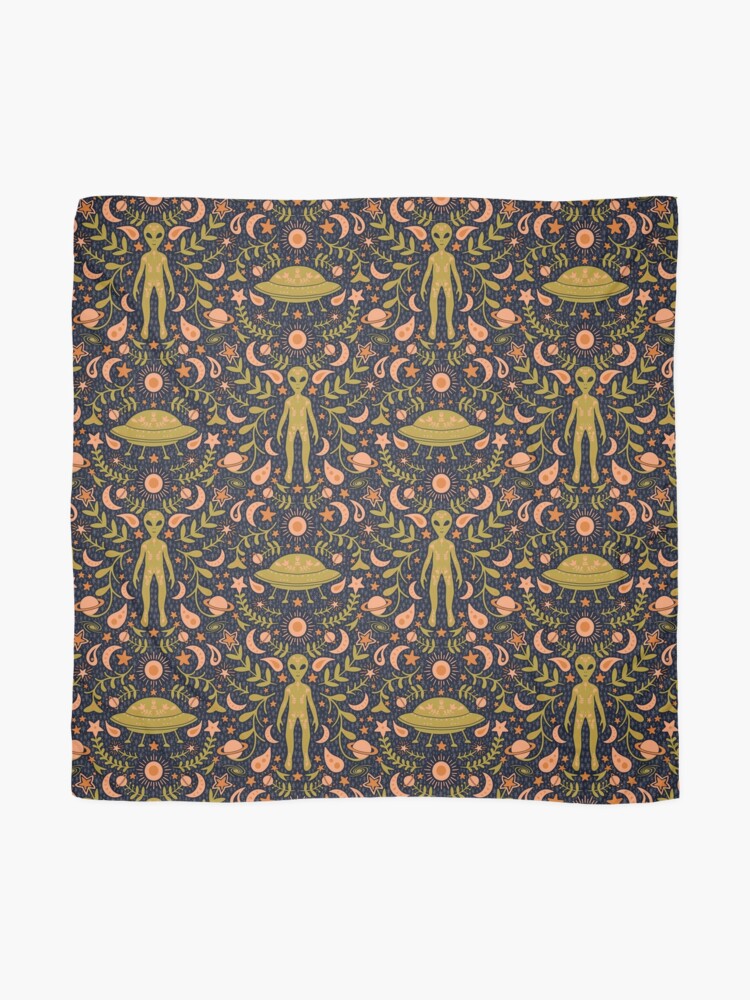 Scarf, Folk Art Alien in Olive Green & Peach designed and sold by somecallmebeth