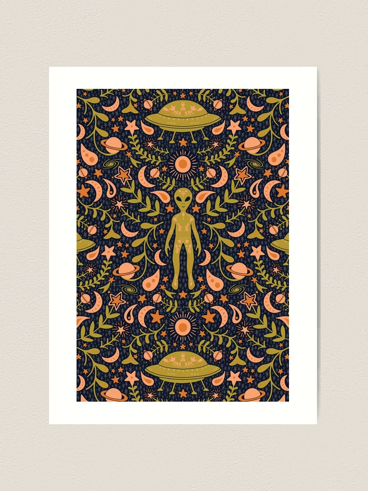 Folk Art Alien in Olive Green & Peach