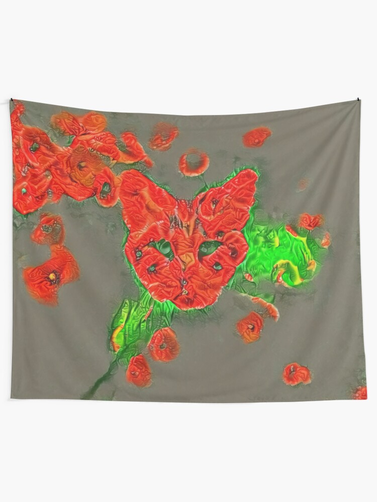 Alternate view of Ninja cat hiding in poppies #Art Tapestry