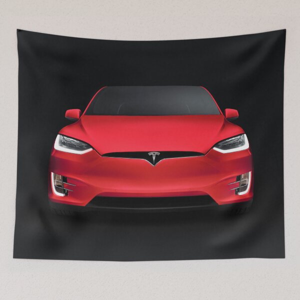 Item preview, Red Tesla X SUV electric car front on black art photo print designed and sold by MaximImages .com Exquisite Arts.