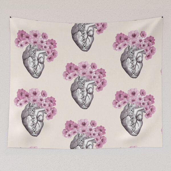 Item preview, Broken heart, human heart illustration art, laces, pink anemones, tied heart, sewn heart designed and sold by Collagedream.