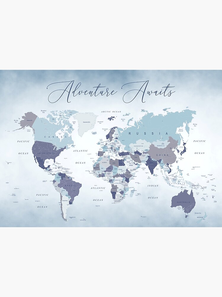 Discover Adventure Awaits World Map in Blue Premium Matte Vertical Poster