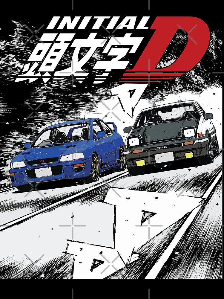 Disover Initial D - Mountain Drift Racing Tandem Takumi Fujiwara AE86 vs Bunta Fujiwara GC8 Chase Premium Matte Vertical Poster