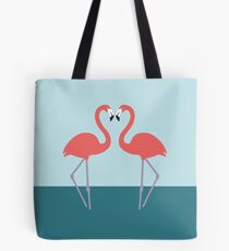 Pink flamingos in love - blue and green background Tote Bag