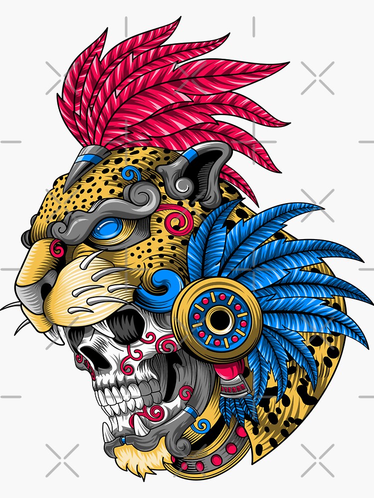 Aztec Jaguar Warrior Skull, Sticker, Decal Vinyl, Mexico