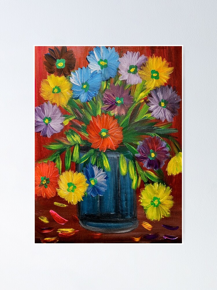 "A beautiful of a painting of colorful mixed flowers in a turquoise
