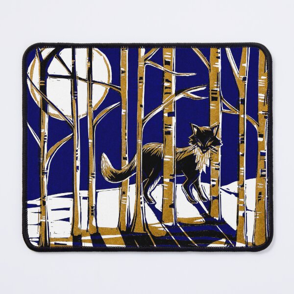 Item preview, Fox in Moonlit Forest Linocut in blue and gold designed and sold by Maddy Bennett.