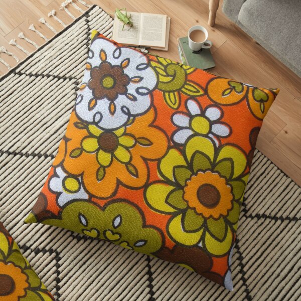 Retro Cool Mid Century Floral Fabric Design in Avocado Green, Harvest Gold, Brown, and Orange Floor Pillow
