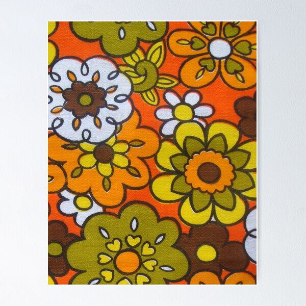 Aperçu de l'œuvre Design de tissu floral rétro cool du milieu du siècle en vert avocat, or moisson, marron et orange créée et vendue par Designs by Kool Kat.