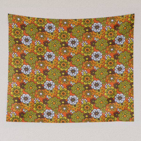 Item preview, Retro Cool Mid Century Floral Fabric Design in Avocado Green, Harvest Gold, Brown, and Orange designed and sold by Designs by Kool Kat.