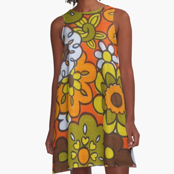 Item preview, Retro Cool Mid Century Floral Fabric Design in Avocado Green, Harvest Gold, Brown, and Orange designed and sold by Designs by Kool Kat.